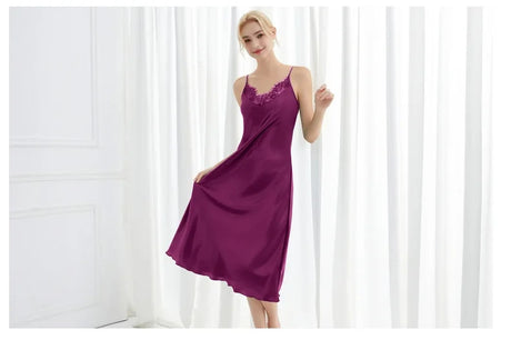 Sexy Women Long Nightgown Intimate Lingerie Patchwork Lace Suspender Nightdress Chemise Sleepwear Loungewear Silk Satin Homewear