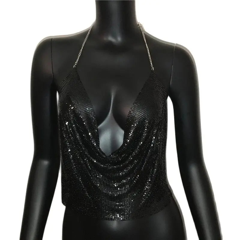 Sexy Metal Sequins Tank Top For Women 2025 Summer V Neck Backless Crop Tops Luxury Solid Short Party Nightclub Tank Tops
