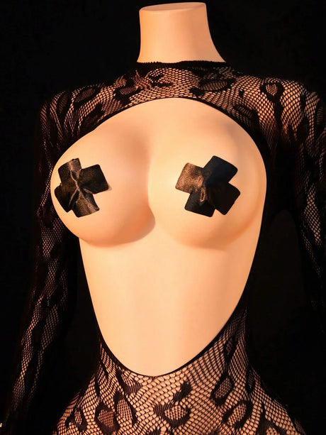 Sexy Crotchless Lingerie Women Open Back Teddies Body Suits Mesh See Through Bodystockings Full Sleeve Leopard Print Bodysuits