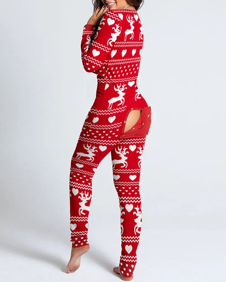 Sexy Pyjama Women's Long Sleeves Homewear Suit Button-Down Front Back Butt Bum Open Ass Flap Jumpsuit Loungewear Christmas Print