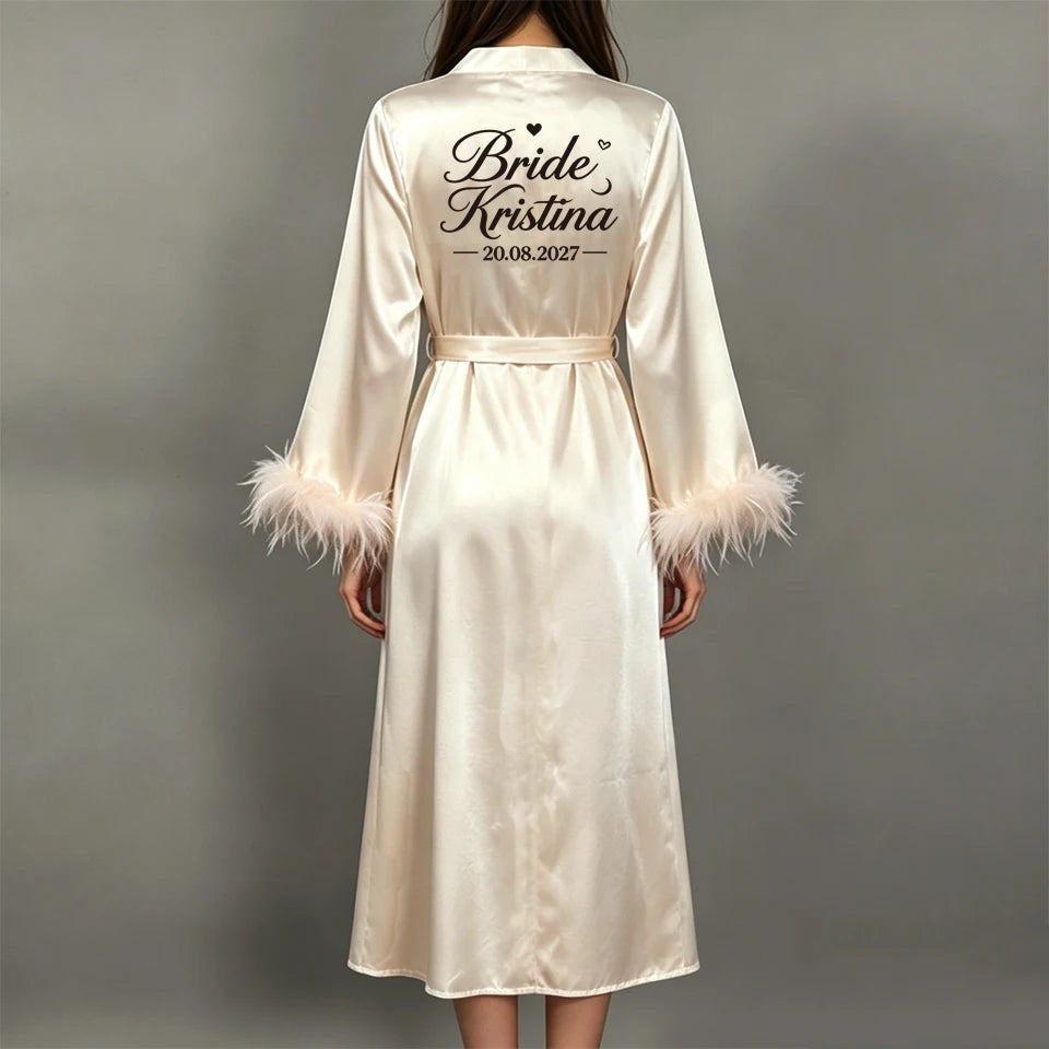 Custom Name Bride Robe Satin Feather Bridesmaid Robes Personalized Wedding Morning Gown Bachelorette Party Bathrobe