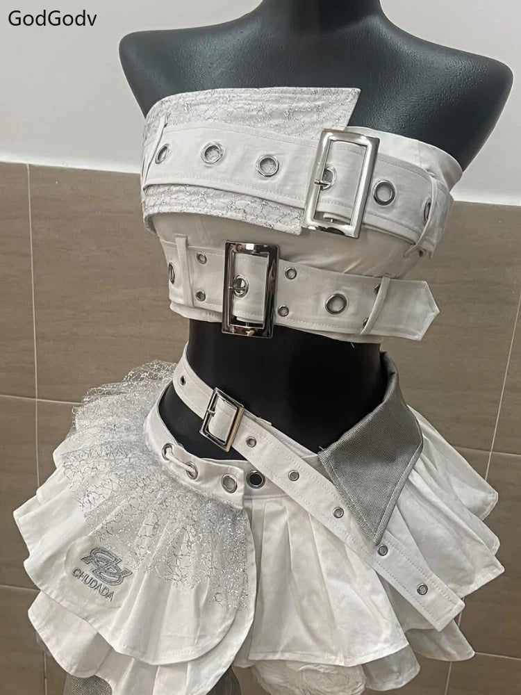 Summer Vintage Elegant Y2K Woman 2 Piece Sets Punk Gothic Strapless Crop Tops +High Waist Ruffle Skirt Female Party Outfits 2025