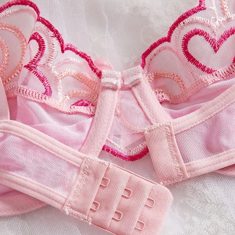 Pink Floral Lace Bra Perspective Mesh Bow Skirt Sex Set Pink Lingerie Set