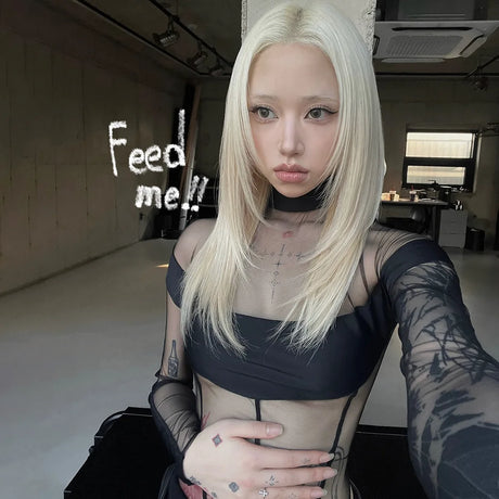 Sexy See Through Bodysuit Women Dark Gothic Streetwear Emo Alternative Grunge Y2k Long Sleeve O-neck High Waist Jumpsuit