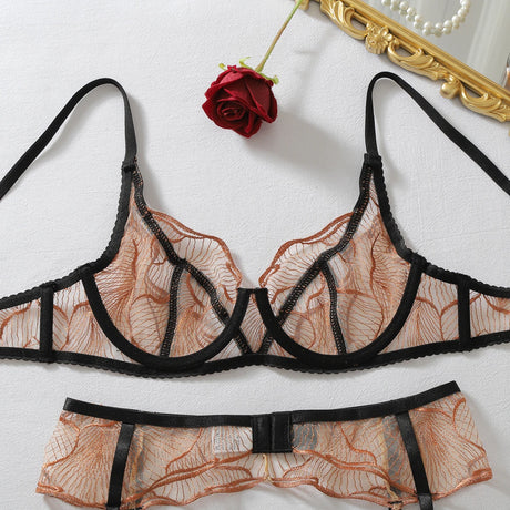 Diccvicc Sexy Bronze Embroidery Lingerie Set Sheer Mesh Contrast Black Harness Bra Garter Belt Women Elegant Intimate Underwear