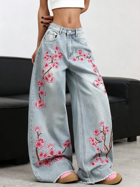 American Retro Plum Blossom Embroidery Design Blue Women's Loose Wide-Leg Jeans Y2K Street Fashion Versatile Straight Trousers