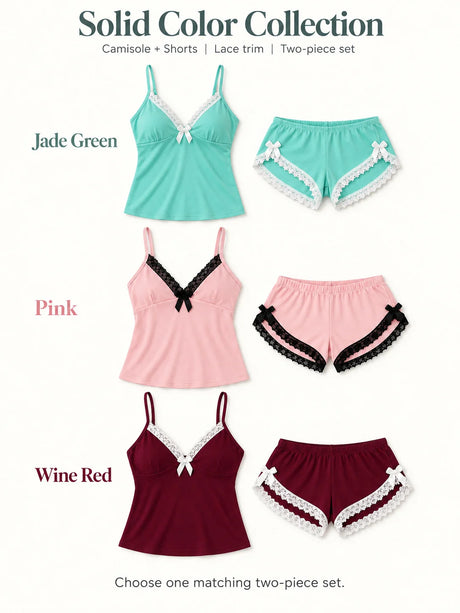 Women's Lace Trim Camisole Shorts Pajama Set, V Neck Bow Detail Sleeveless Two Piece Sleepwear in Solid and Printed Colors