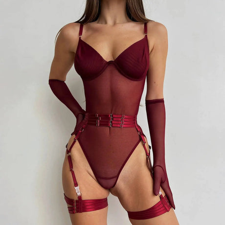 Sexy One Piece Bodysuit Glove Bandage Perspective Mesh Tight Fitting Slim Fit High Strecth Women Rompers Polychrome Fashion RAE3