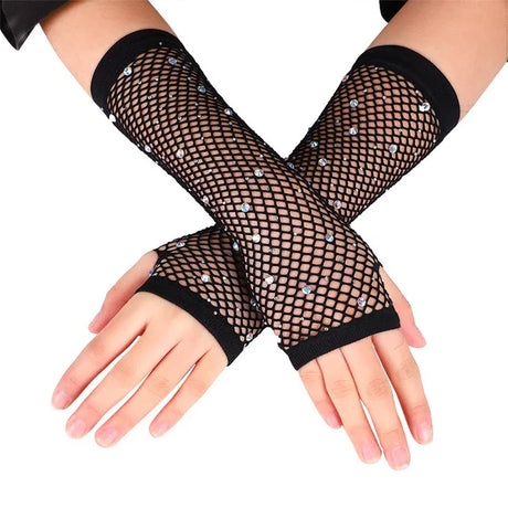 Sexy Elastic Mesh Gloves With Colored Flash Diamonds Bungee Stage Performance Hollow Fishing Net Punk Hiphop Women's Gloves R51