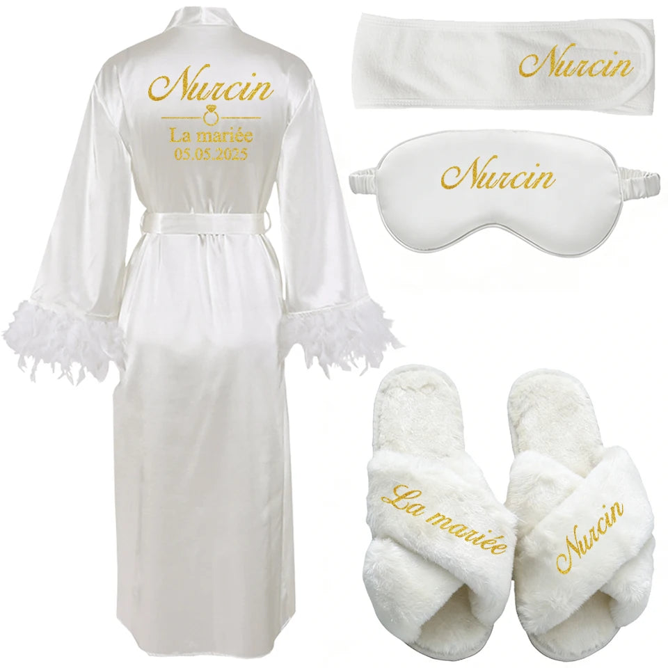 Customized Bathrobe for Women Personalized Name And Date Robe Add Any Text Gown for Bridal Party Feather Bride Robes