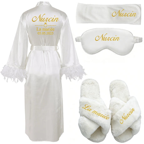 Customized Bathrobe for Women Personalized Name And Date Robe Add Any Text Gown for Bridal Party Feather Bride Robes