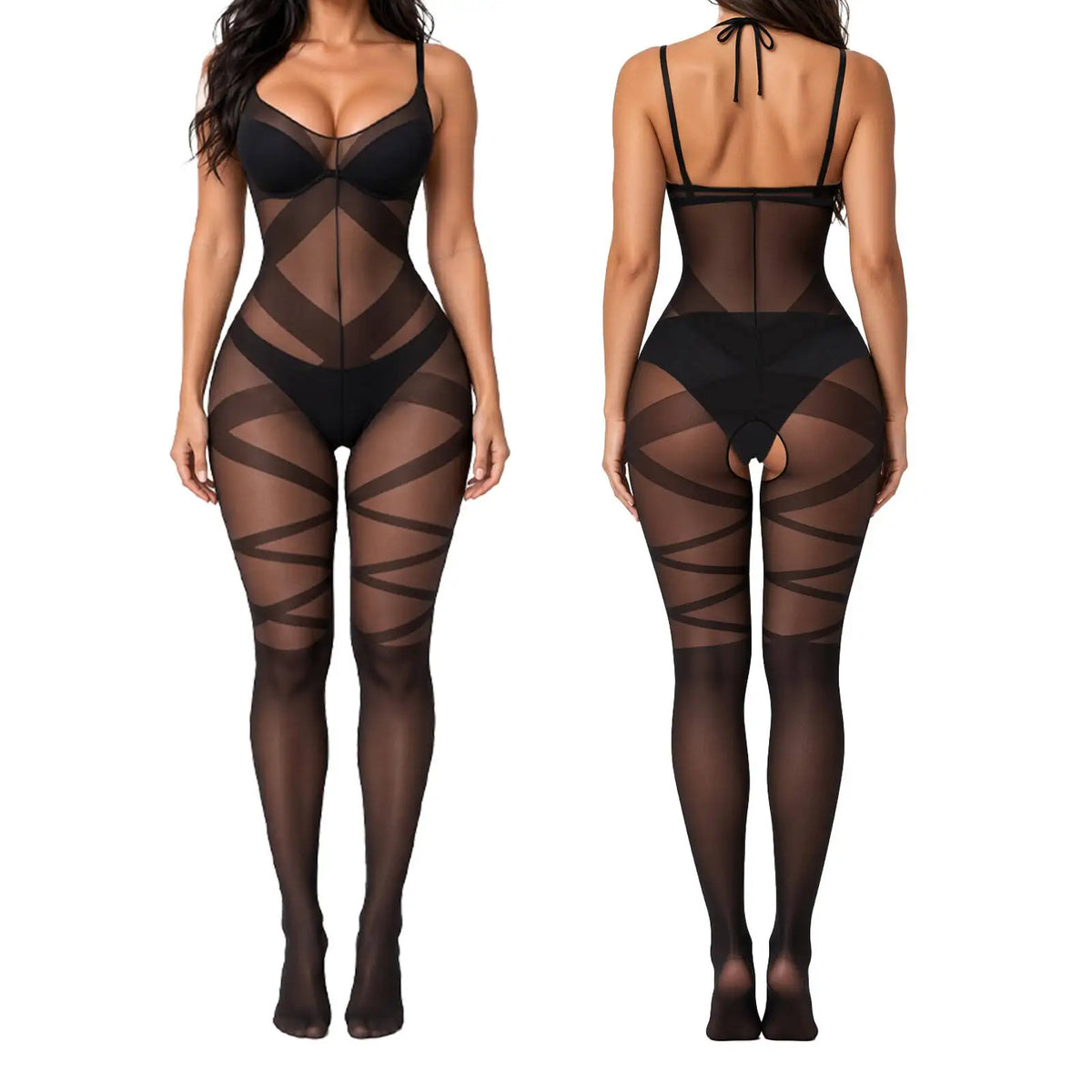 Sexy Lace Up Women Patterned Black Jumpsuit Sheer Suspender Bodystocking Geometric Cutout Slim Fit Lingerie