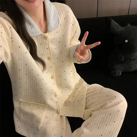 Thickened Air Cotton Sleepwear Set for Women Autumn Winter Polka Dot Home Clothes Korean Style Cute Girl Long Sleeve V-Neck