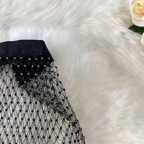Women's High Waisted Rhinestone Mesh Pants Sparkling Crystal Net Design Sexy Party Clubwear Stretchy Fishnet Bottoms Leggings