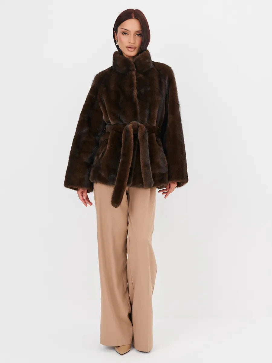 2026 Autumn Winter Women Faux Mink Fur Coat Lapel Collar Belted Long Jacket Luxury Fluffy Outerwear Brown
