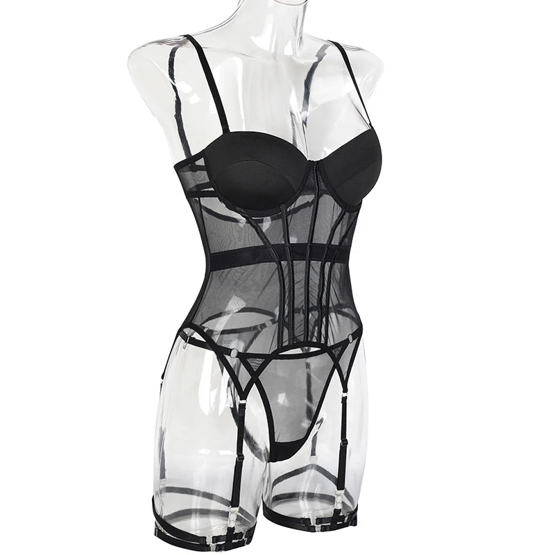MUZISKAT Mesh Lingerie Luxury Brand Bodysuit Backless Tops for Women 3 Piece Lingerie Set with Garter Sexydresses for Women