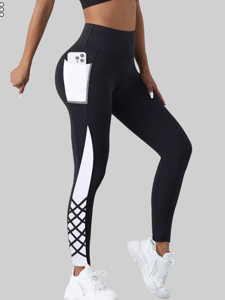 Contrast Geometric Print Pocket Yoga Leggings for Women, High Waist Compression Workout Gym Fitness Trousers