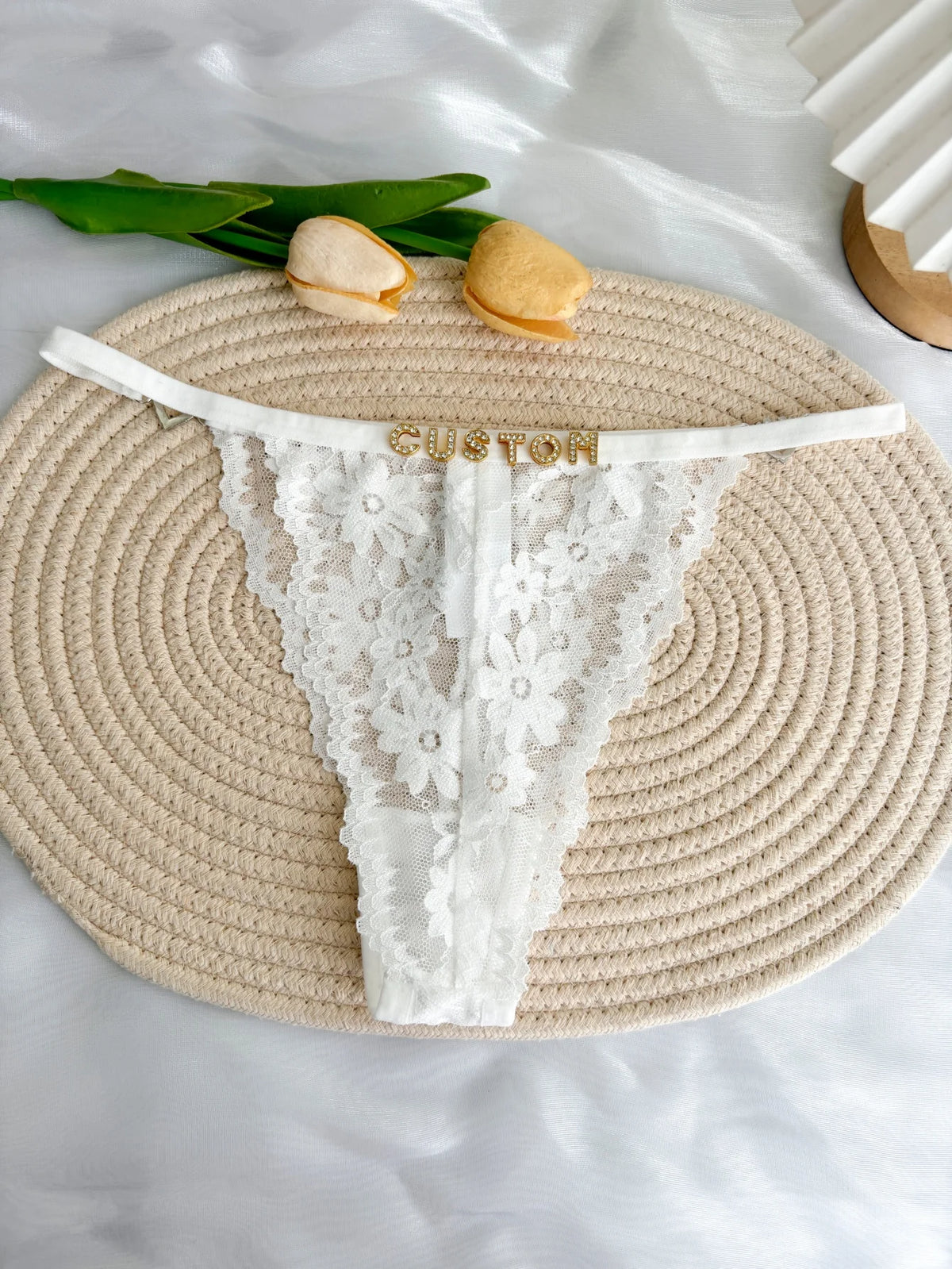 Custom Rhinestone Letter Name Text Sexy Lace Thong Panties Low Rise G-string Personalized Gift Wife Lover Anniversary Festival