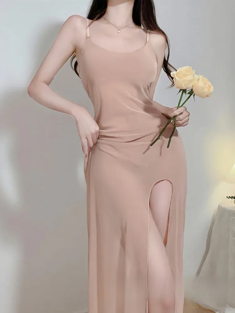 Tube Chemise Women's Long Silk Lace Slip Dress with Tie Back Casual and Sexy Bathrobe Womens Solid Silk Pajamas Nightwear