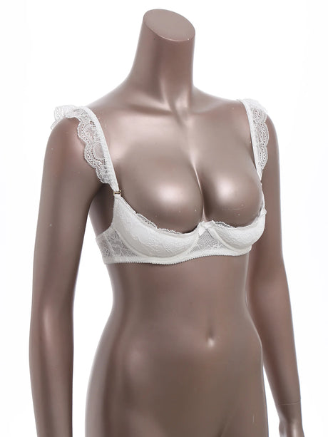 Womens Floral Lace 1/4 Cup Bra Removable 2cm Thick Pads Underwired Balconette Bra Ruffled Spaghetti Straps Brassiere Lingerie