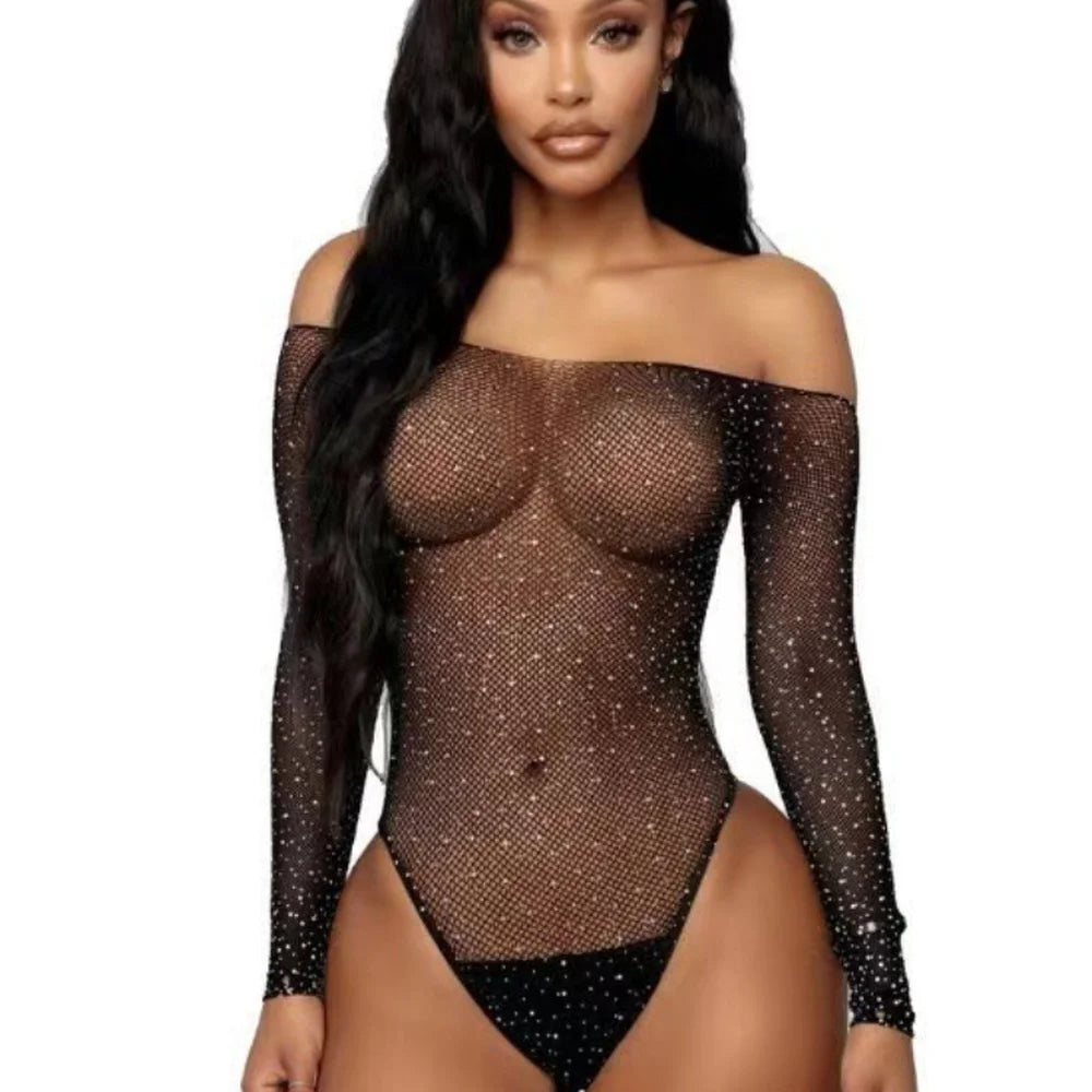 One Piece Lingerie Sexy Shimmering Mesh Bodysuit Sheer Long Sleeve Off Shoulder Glitter for Bedroom Honeymoon Romantic Nights