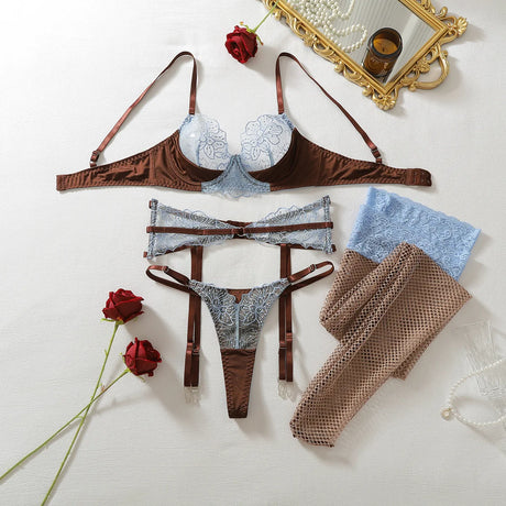 Diccvicc Women's Blue Lace Lingerie Set Brown Underwire Bra Garter Belt Thong Stockings See Through Hot Luxury Fashion Underwear