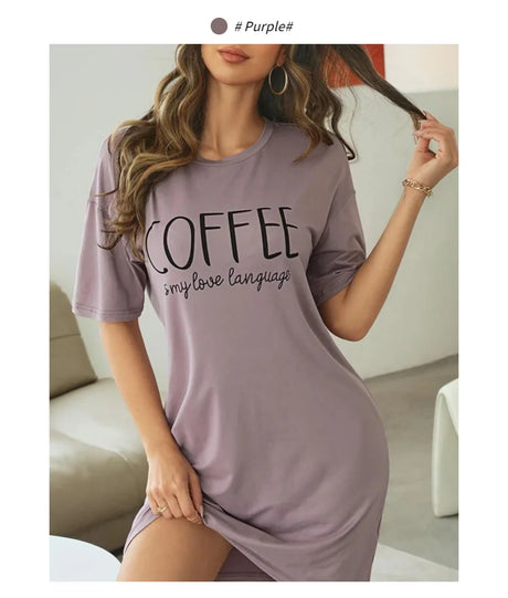 Casual Slogan Print Nightdress For Women Short Sleeve Sleepwear Dresses Loose Fit Tee Nightwear Home Clothes Nightie Loungewear