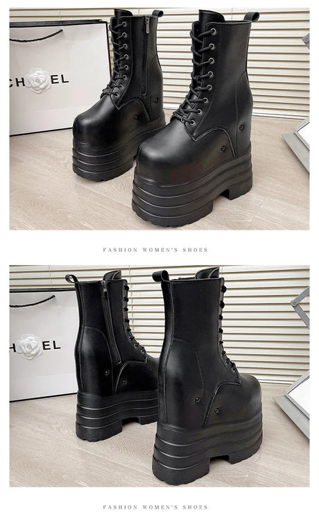 Height Increasing Women's High Boots Black Leather Thick Bottom Platform Shoes Side Zip Gothic Punk Short Boots Street Style