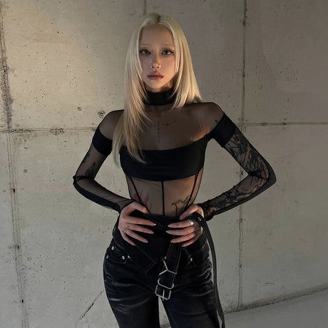 Sexy See Through Bodysuit Women Dark Gothic Streetwear Emo Alternative Grunge Y2k Long Sleeve O-neck High Waist Jumpsuit