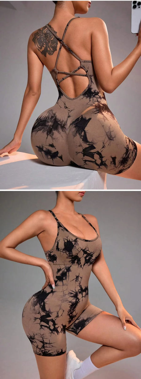 Tie Dye Yoga Bodysuit for Women - Seamless No Visible Panty Line Strappy Dance Leotard, High Cut Workout Unitard for Gym Fitness