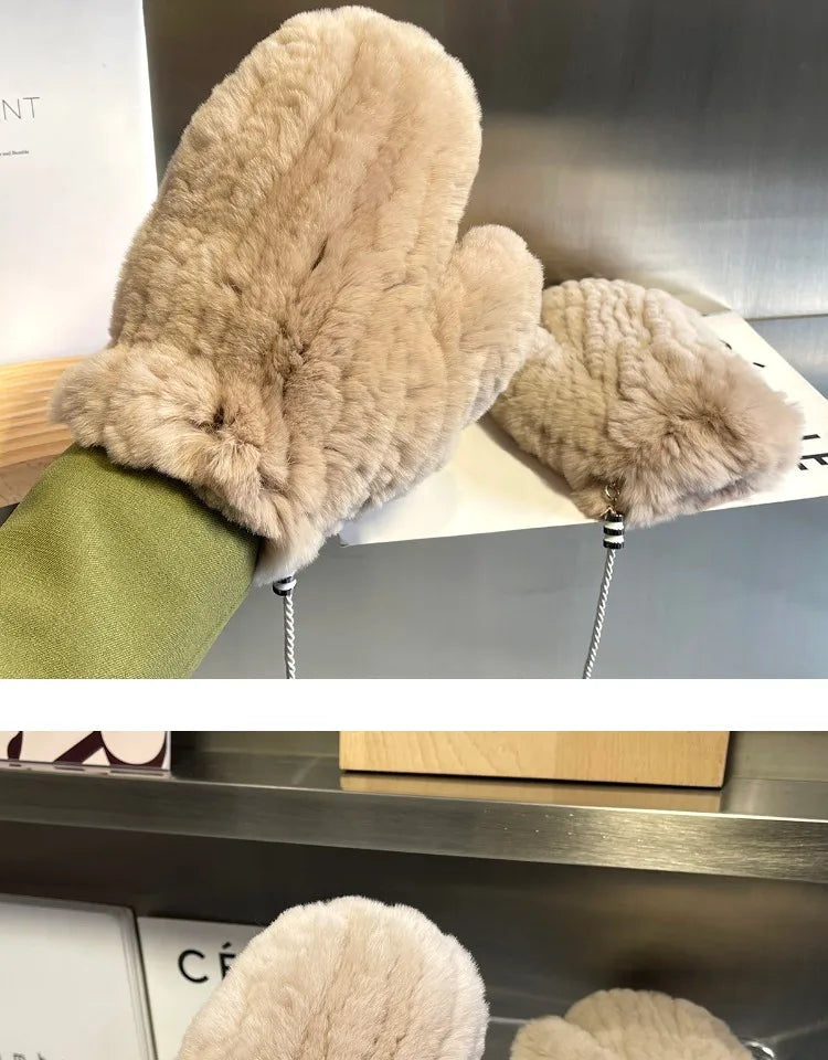 Hot Sale Women's 100% Natural Rabbit Fur Winter Gloves Warm Knit Thick Thermal Mittens Soft Real Fur Outdoor Cold Weather Glove