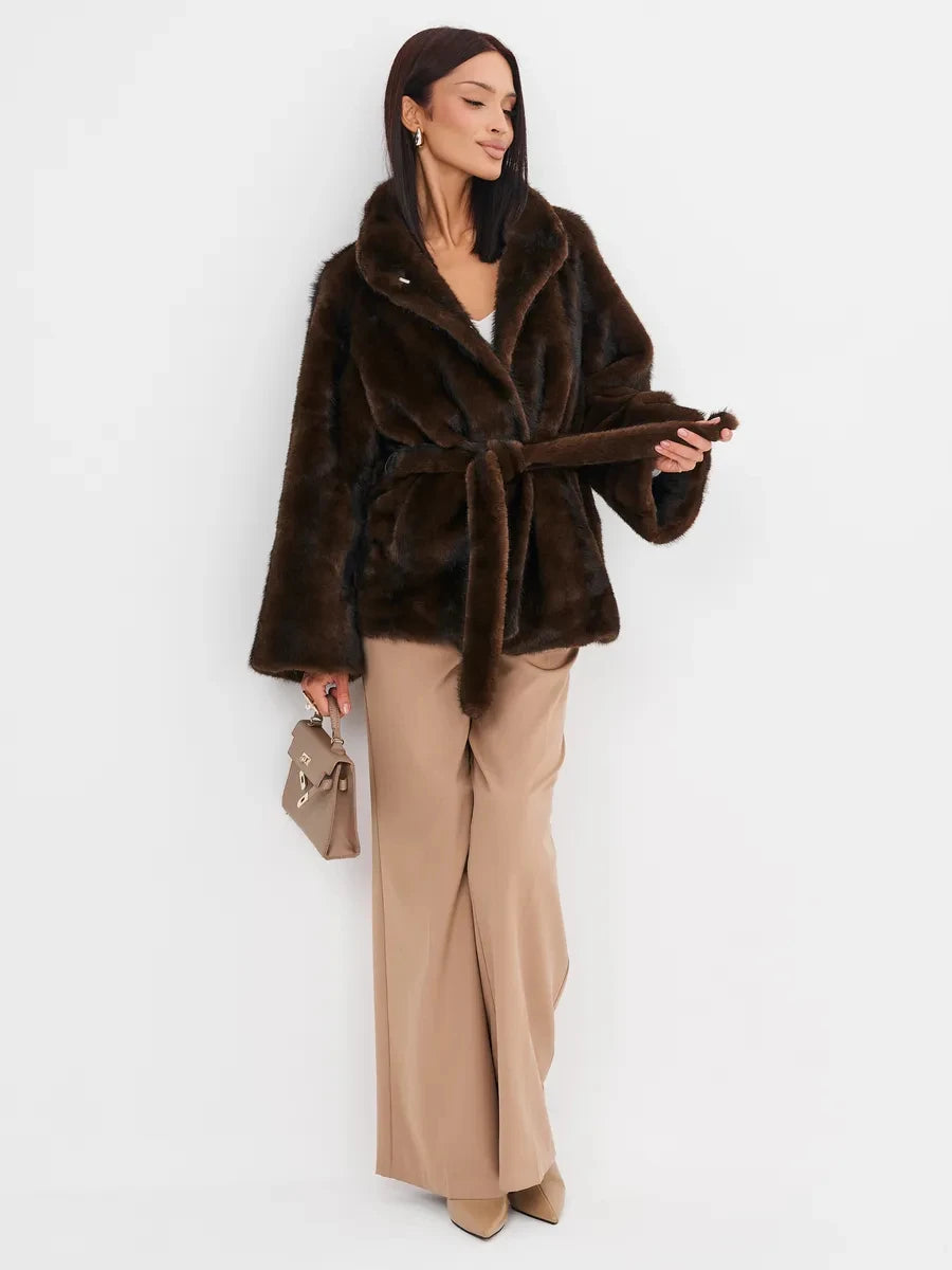 2026 Autumn Winter Women Faux Mink Fur Coat Lapel Collar Belted Long Jacket Luxury Fluffy Outerwear Brown
