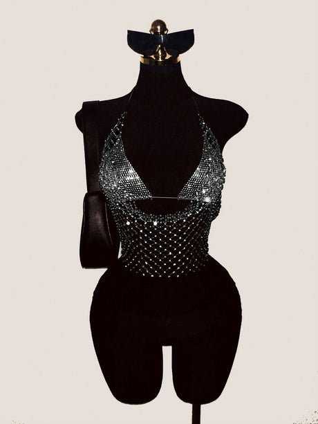 ling Pink Crystal Net Vest with Sequins Women Deep V Neck Dance Clubwear Trendy Fashion for Nightclub Bikini Cover Up
