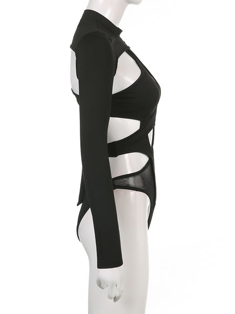 Women Bodysuits Long Sleeve High Neck Cut Out Leotard Body Top Y2K Gothic Club Shirts Summer Fall Streetwear