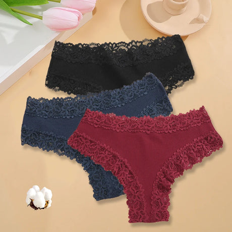 3PCS/Set Sexy Lace Seamless Cotton Brazilian Panties Women Ribbed Intimates Breathable Panties Low Waist Female Cotton Underwear