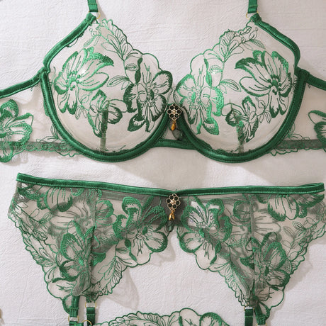 Ellolace Elegant Sexy Female Lingerie Willowy Honey 3PC Diamond Accessories Women's Ethical Underwear Floral See Through Clothin