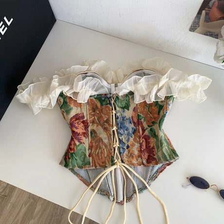 Retro Ruffle Off Shoulder Print Tube Top Sexy Bandage Corset Bustier Camis Tank Top Slim Summer Women Party Crop Top