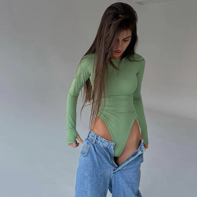 Women Sexy Long Sleeve Bodysuit Club Top goth clothing Mock Neck solid costume streetwear Party Body Outfit High Waist jumpsuit