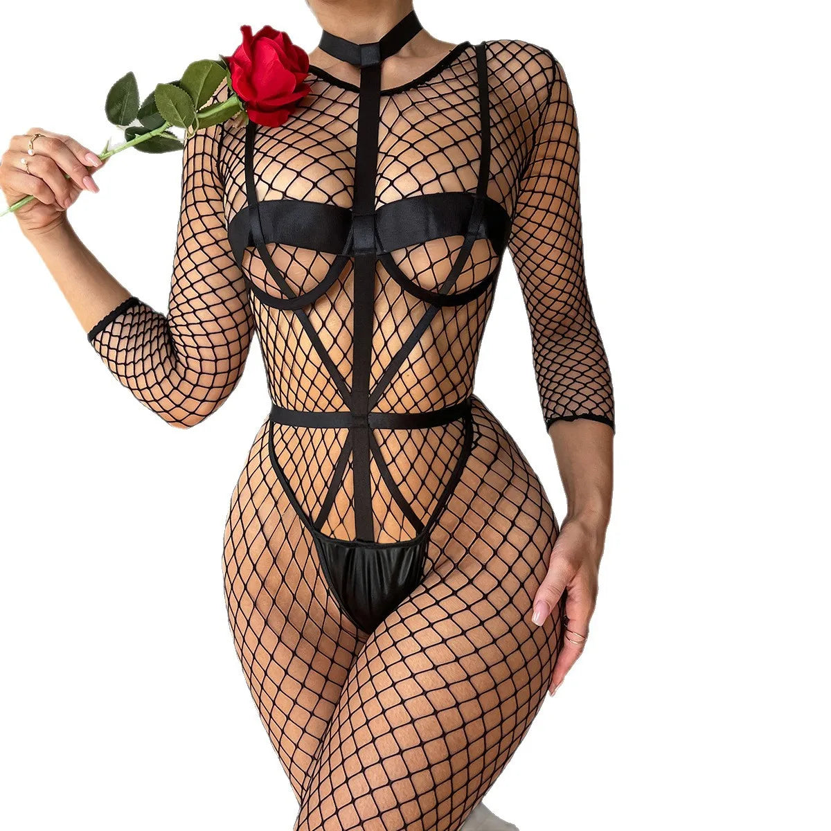 Long Sleeve Fishnet Crotchless Bodysuit Open Cup Harness Sheer Mesh Full Body Stocking Lingerie Catsuit Women Black Pink