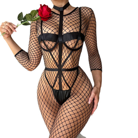 Long Sleeve Fishnet Crotchless Bodysuit Open Cup Harness Sheer Mesh Full Body Stocking Lingerie Catsuit Women Black Pink
