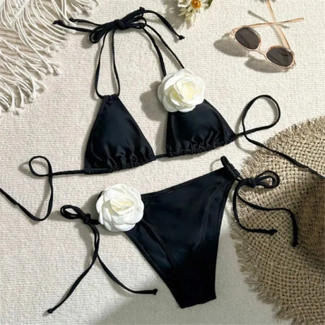 Sexy Flower Bandeau Swimwear Thong Bikini Women Lace-up Swimsuits Swimming Bathing Suit Brazilian Bikinis Set Mujer Biquini