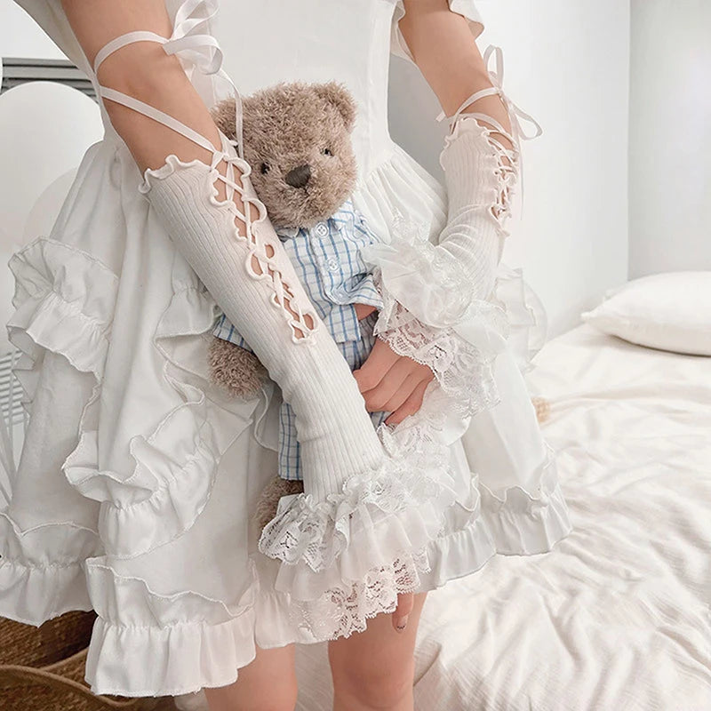 Women Lace Ruffle Arm Warmers Fingerless Gloves Tie-up Elbow Length Sleeves Y2K Aesthetic Kawaii Lolita Oversleeve Cuffs Covers