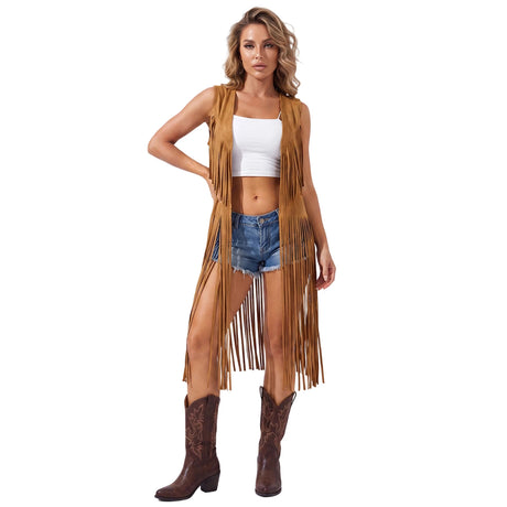 Women's Tassel Long Vest Fashionable Western Style Solid Color Open Front Cowgirl Sleeveless Jacket