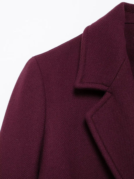 HH Women Fashion Burgundy Coat Double Breasted Long Sleeve Lapel Blends Jacket Autumn Winter High Street Outerwear