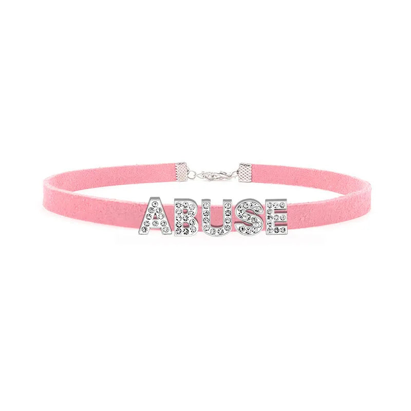 Sexy Rhinestone Letters Hotwife Collar Choker for Women Men DIY Customized Necklaces Pink Suede Leather Cosplay Jewelry Gift
