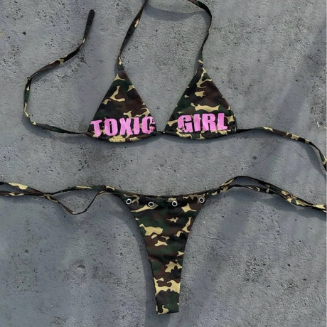 Y2K Cartoon Monster Bikini Halter Triangle Cup Tie Side Two Piece Beach Swimsuit