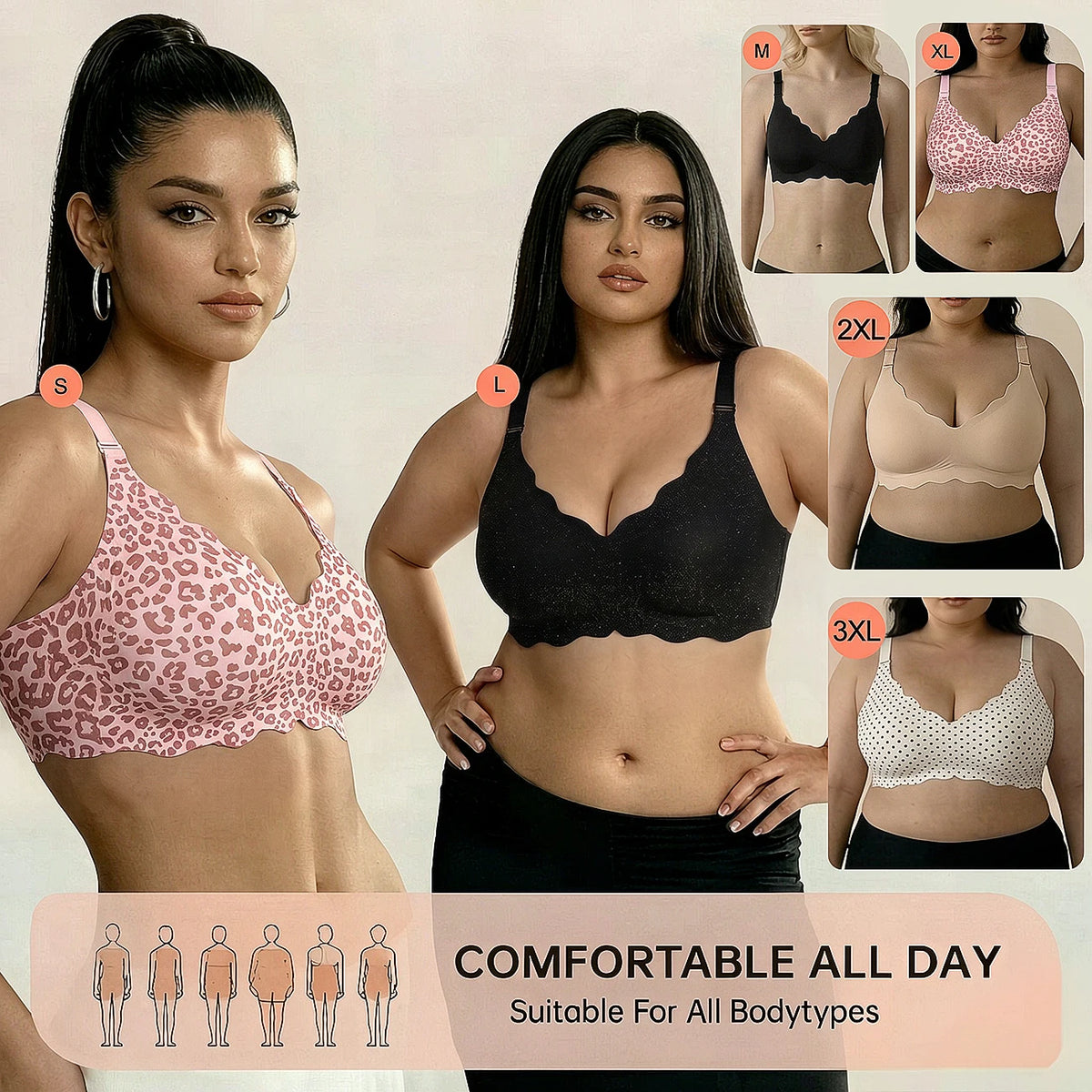Bras for Women No Underwire Scalloped Wireless Push Up Bra Seamless Full Coverage Supportive Plus Size Tshirt Bra, Soft Breathable Comfortable Bralette, Leopard & Polka Dot Print Ice Silk Bra