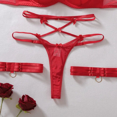 Sexy Red Women's Lingerie Sets Bowknot Sheer Mesh Bra Thong Garter Belt 4PC Strappy Body Shaping Sleepwear Seductive Underwear
