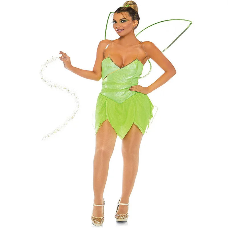 Adult Classic Fairy Tinkerbell Womens Halloween Cosplay Costume Green Tinkerbell Dress Sexy Women's Eye Candy Dresses