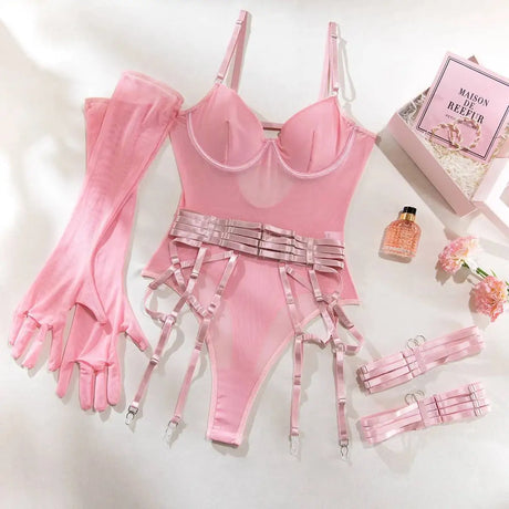 Sexy One Piece Bodysuit Glove Bandage Perspective Mesh Tight Fitting Slim Fit High Strecth Women Rompers Polychrome Fashion RAE3